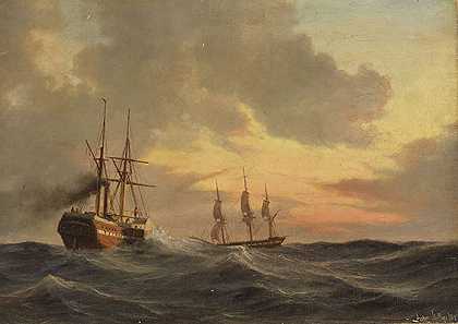 1847年，蒸汽水手和三位船长在海上航行。-安东·梅尔比