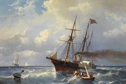 1860年，海岸外的帆船。-约翰·康拉德·格雷夫
