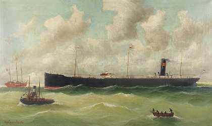 1906年，汉堡油轮“普罗米修斯”号驶过“易北河2号”灯船。-阿尔弗雷德·塞雷尼乌斯·延森