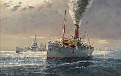 丹麦轮船“N.J.Fjord”号，1916年，1986年斯卡格拉克战役爆发前。-汉斯·威廉·斯皮茨曼
