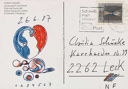 4-8。带有简单绘图的明信片（蓝红色心）。1987-88.-霍斯特·杨森