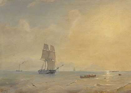 1850年，海岸附近的帆船和汽船。-Petrus Paul Schiedges先生。