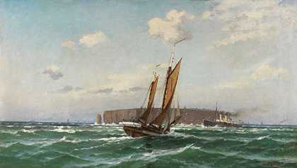 1900年左右，赫尔戈兰附近的帆船和汽船。-弗朗茨·卡尔·赫佩尔