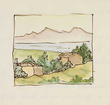 尼农·黑塞（Ninon Hesse）的信上的水彩画（穿孔）。1958-黑塞