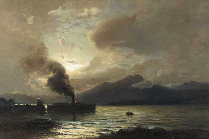 1890年左右，轮船在峡湾景观上的月光。-汉斯·弗雷德里克·古德