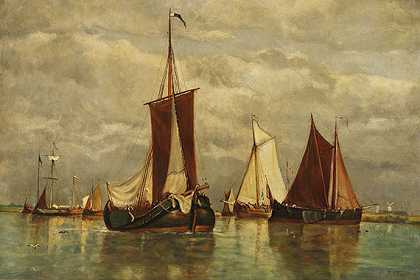 平静水域中的帆船，1881年。-保罗·让·克莱斯