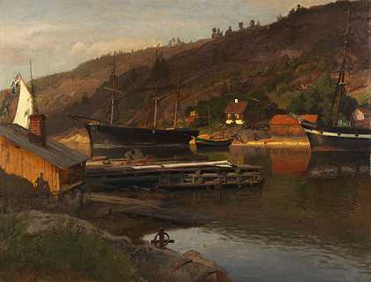 1875年，挪威，夕阳下的登岸桥Drøbak。-汉斯·弗雷德里克·古德