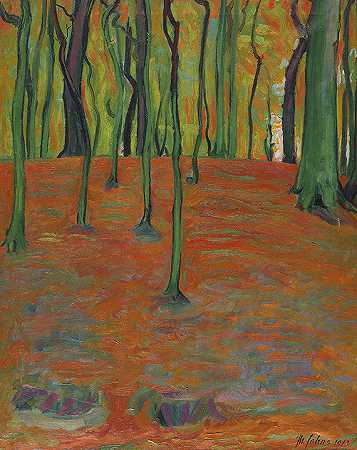 有树的红色森林，1913年。-马克西米利安·贾恩斯