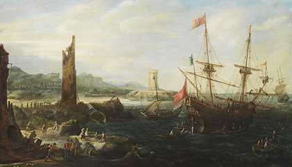 1620年，由于海岸景观，战舰悬挂在教皇旗下，一艘荷兰单桅帆船。-地球的安德烈