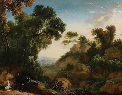 赫尔曼·范·斯旺韦特 树木繁茂的风景，一个猎人和他的狗在岩石上休息
