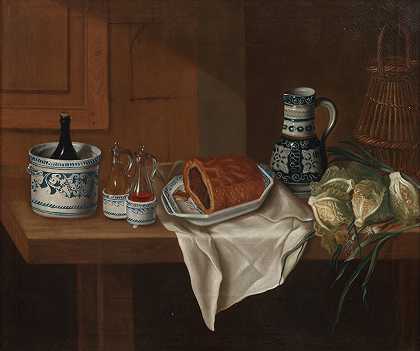 克劳德·约瑟夫·弗雷乔特 桌子上有卷心菜、馅饼和各种陶器和玻璃制品的静物