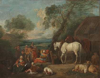 归属于Pieter van Bloemen，称为Standard 马厩外的马和人物