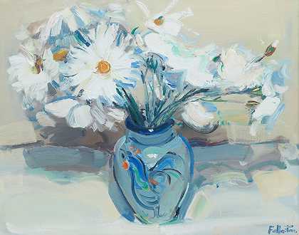 詹姆斯·福拉顿 蓝色花瓶中的花朵51.5 x 61厘米。