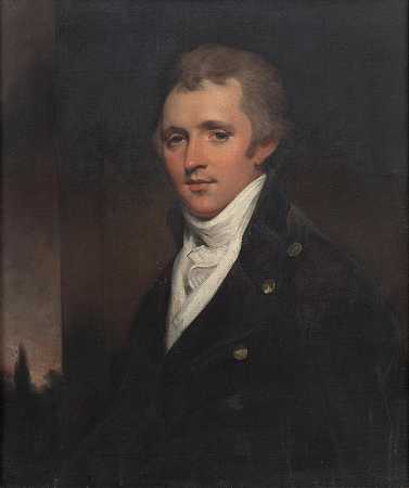英语学校 詹姆斯·汉森·萨蒙德（James Hanson Salmond）少将的肖像，半身，身穿深色夹克，在风景前