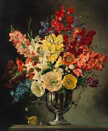塞西尔·肯尼迪 银色花瓶中的花卉静物，花瓶中的自画像