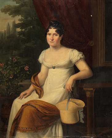 坚实的Massot 一位女士的肖像，据说是安妮·让·德拉·纪尧姆夫人，身长四分之三，坐在公园景观前