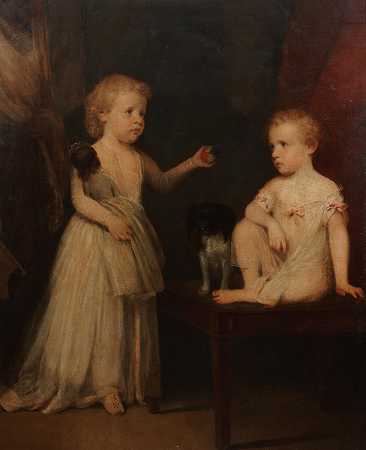 归于威廉·比奇爵士 室内两个孩子和一条狗的肖像