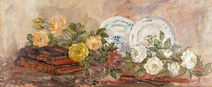 皮埃尔·拉普拉德 花卉、陶瓷和书籍的静物，一对前49.5 x 126.4cm第二个48.2 x 115.5cm。