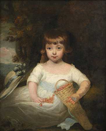 约翰·霍普纳R.A。 一个年轻女孩的肖像，据说是德比家族的斯坦利，坐着四分之三长，手里拿着一篮子草莓