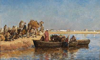 埃德温·洛德·威克斯 装载骆驼，萨莱，摩洛哥，交替标题为《尼罗河沿岸》和《驴子装载》，近东22 1/4 x 36英寸。框架33 3/4 x 47 5/8 x 3英寸。