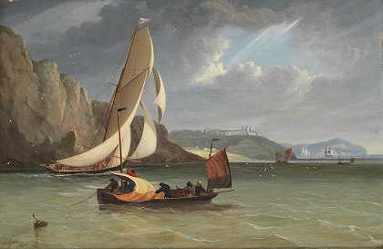 约翰·林恩 一艘皇家帆船中队的快艇在潮汐中沿海岸行驶