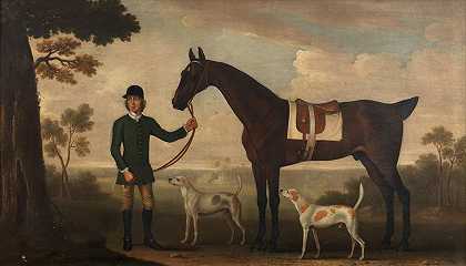 詹姆斯·西摩 一匹棕色纯种马，传统上被称为“施潘罗杰”，由新郎在广阔的景观前牵着
