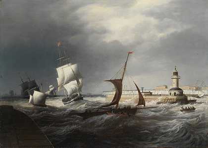 英国学校 拉姆斯盖特灯塔附近的船只遭遇大浪，未加框架