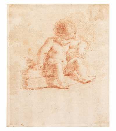Giovanni Francesco Barbieri，被称为il Guercino 一个小孩坐在石阶上，头歪着，手肘靠在窗台上