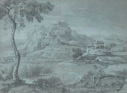 罗马学派 一片开阔的风景，人物坐在一棵树旁边，建筑和岩石露头，雕刻成奇彭代尔风格的框架