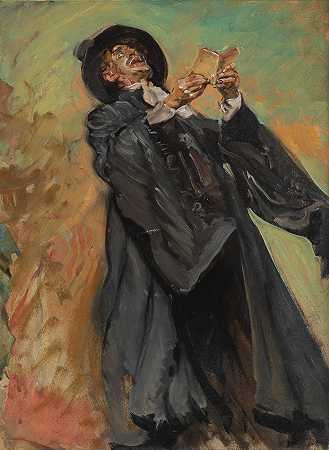 埃德加·邦迪 绅士唱歌的肖像一个玩烟斗的人物肖像，每对41 x 31.1厘米。