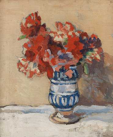 克里斯托弗·伍德 蓝色花瓶中的花朵35.9 x 30.1厘米。