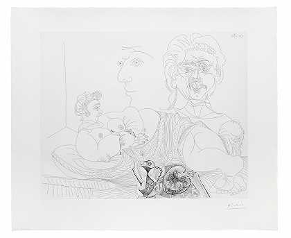 巴勃罗·毕加索 卧着的女人和两张脸，来自156套房，1970年