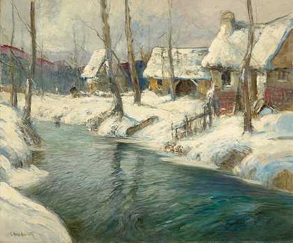 乔治·艾米斯·奥尔德里奇 冬季河边的村庄30 1/4 x 36 1/4英寸。