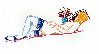 汤姆·韦塞尔曼 裸色搭配花束和蓝色长袜