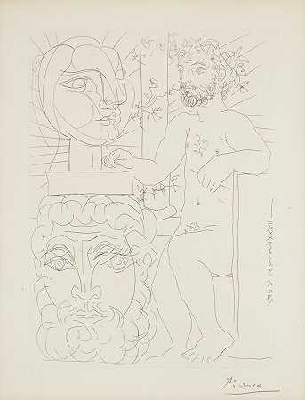 巴勃罗·毕加索 雕刻家和两个雕刻的头，来自飞行套件