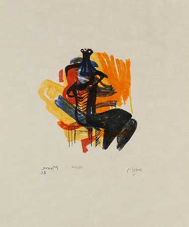 亨利·摩尔O.M.，C.H。 橙色地面上的黑色坐姿人物，来自“庇护所草图”