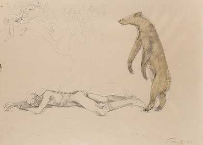 伊丽莎白·弗林克女士。 《旅行者与熊》56 x 76厘米。