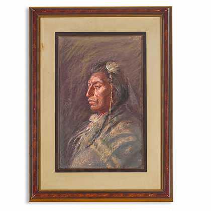 乔·尼尔·比勒 一位美国土著男子的肖像，尺寸为21 x 13英寸。框架31 x 23英寸。