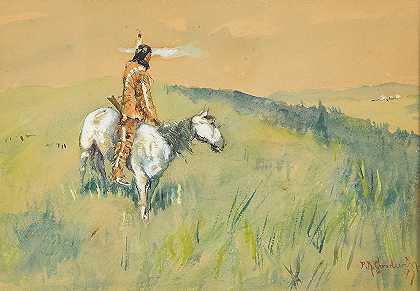 菲利普·拉塞尔·古德温 骑在马背上观察6 1/2 x 9英寸马车的土著人物。框架8 x 10英寸。