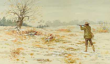 奥拉夫·卡尔·塞尔策 猎鸭场景，猎人和狗的视线为17 x 28英寸。框架29 x 39英寸。