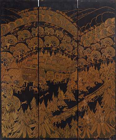 萨迪·范巴顿大厅 加利福尼亚州黄金岭淘金热三块屏，每块屏61 x 17英寸。全屏61 x 51英寸。