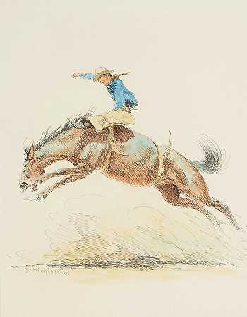 奥拉夫·卡尔·维赫斯特 牛仔骑马时的视线为10 x 8英寸。框架21 x 18英寸。