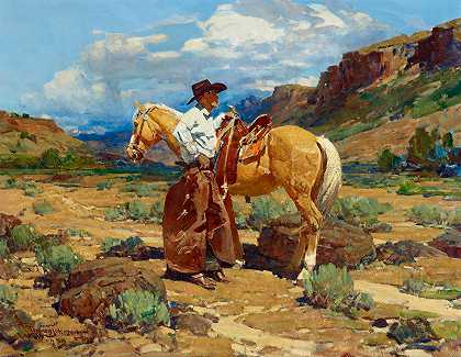 弗兰克·坦尼·约翰逊 轮辋岩石牧马人28 x 36英寸。框架34 x 42英寸。