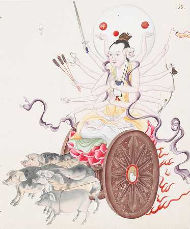 中国画：神、天、仙。 一本包含58幅原画、纸上的墨水和色彩的画册，