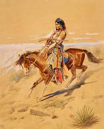 查尔斯·马里恩·拉塞尔 美洲土著人骑马的身影16 3/4 x 13 1/2英寸。框架26 x 22 1/2英寸。