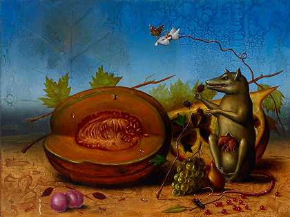亚历克斯·洛克曼（生于1962年） 《静物与麝香》（Still Life With Muskmelons）1990年版油画，标题和日期为18 x 24英寸