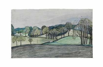约翰·诺斯科特·纳什R.A。 春季景观，Iver Heath 25.5 x 42.5 cm。