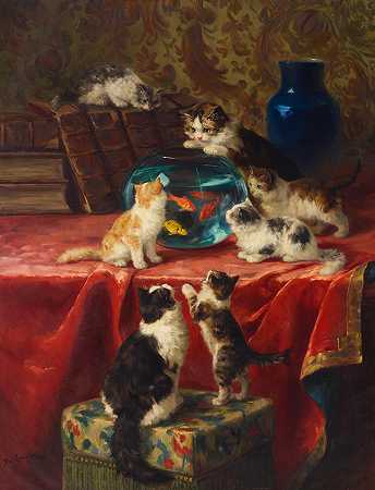 玛丽·伊冯娜·劳尔 好奇的猫和金鱼缸46 x 35 1/2英寸