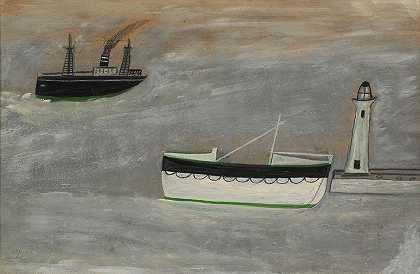 阿尔弗雷德·沃利斯 蒸汽船、救生艇和灯塔36 x 53.5 cm。