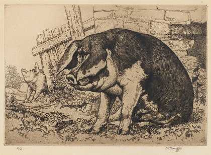 Charles Frederick Tunnicliffe O.B.E.，R.A.。 斑点母猪致屠宰场
